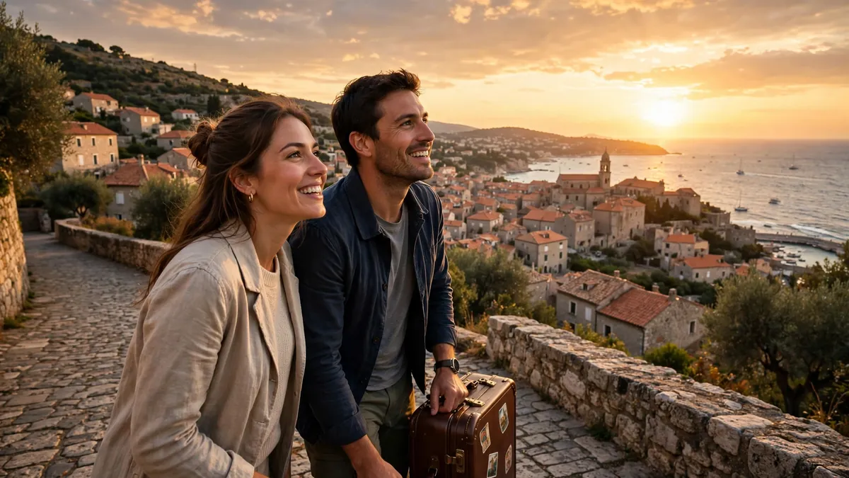 Travelers enjoying a scenic coastal town at sunset on an unforgettable journey