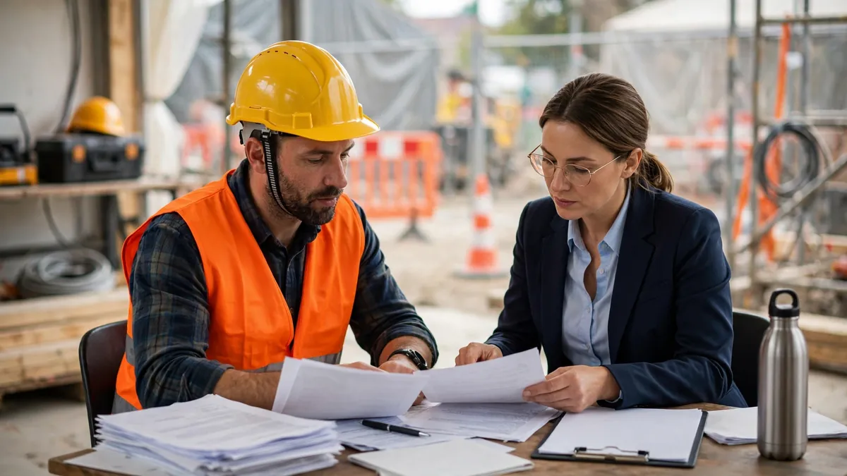 Contractor and broker reviewing policy documents at a site office, illustrating CPL insurance meaning, coverage, benefits and risks