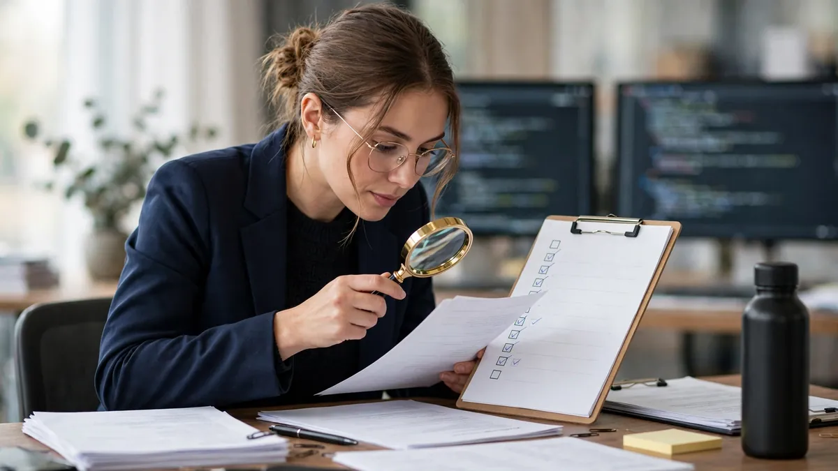 Security auditor reviewing a cryptocurrency audit report with a checklist and magnifying glass