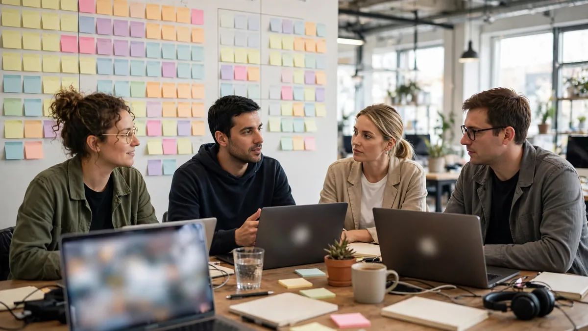 Startup team planning cryptocurrency exchange development on a wall roadmap