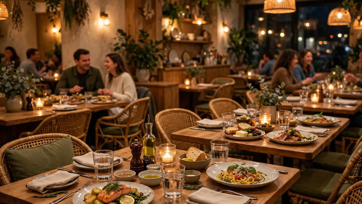 Warm dining room with plated dishes at evening, illustrating a culinary journey at Da Gabrisa Restaurant