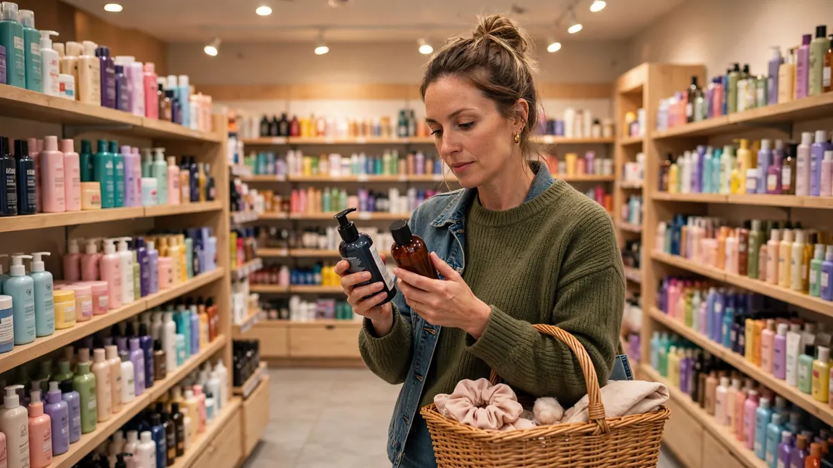Woman comparing hair care products on shelves inside a bright beauty supply store