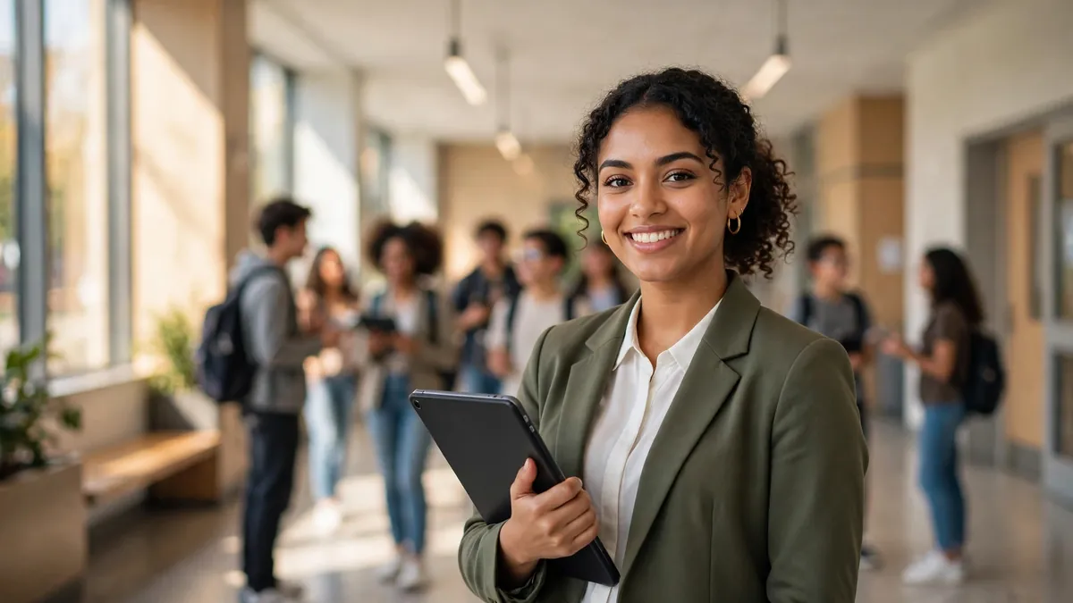 Education graduate exploring job opportunities in a bright school corridor