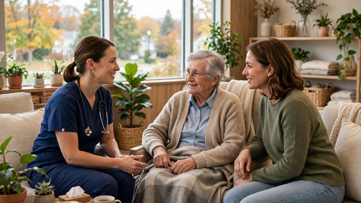 Care team member speaking with a resident and family at Alliance Health at Braintree care facility