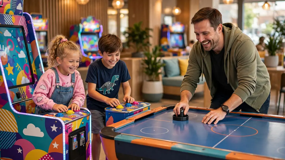 Family enjoying games together at a bright indoor entertainment center