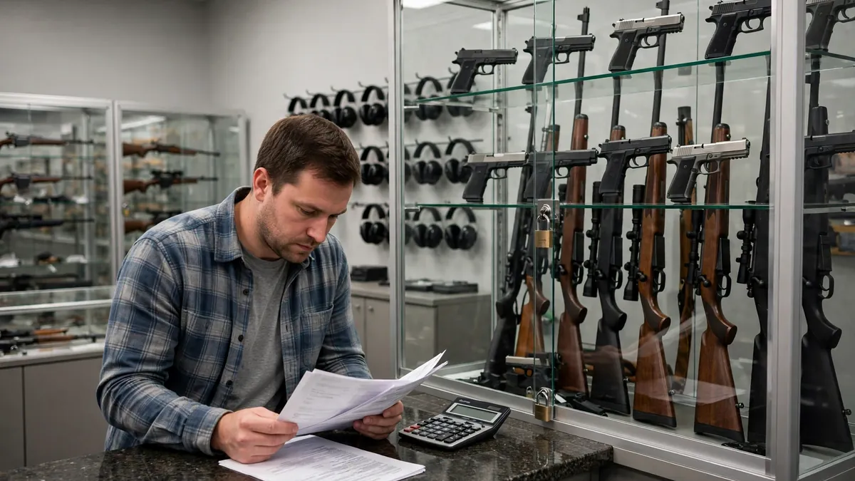 Buyer reading financing terms carefully at a licensed dealer for Flexstar gun financing guide