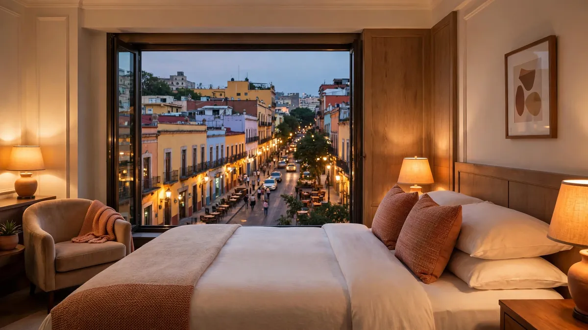 Calm luxury hotel room above lively central Guadalajara streets, illustrating Hotel Totem Guadalajara and comfort in the heart of the city