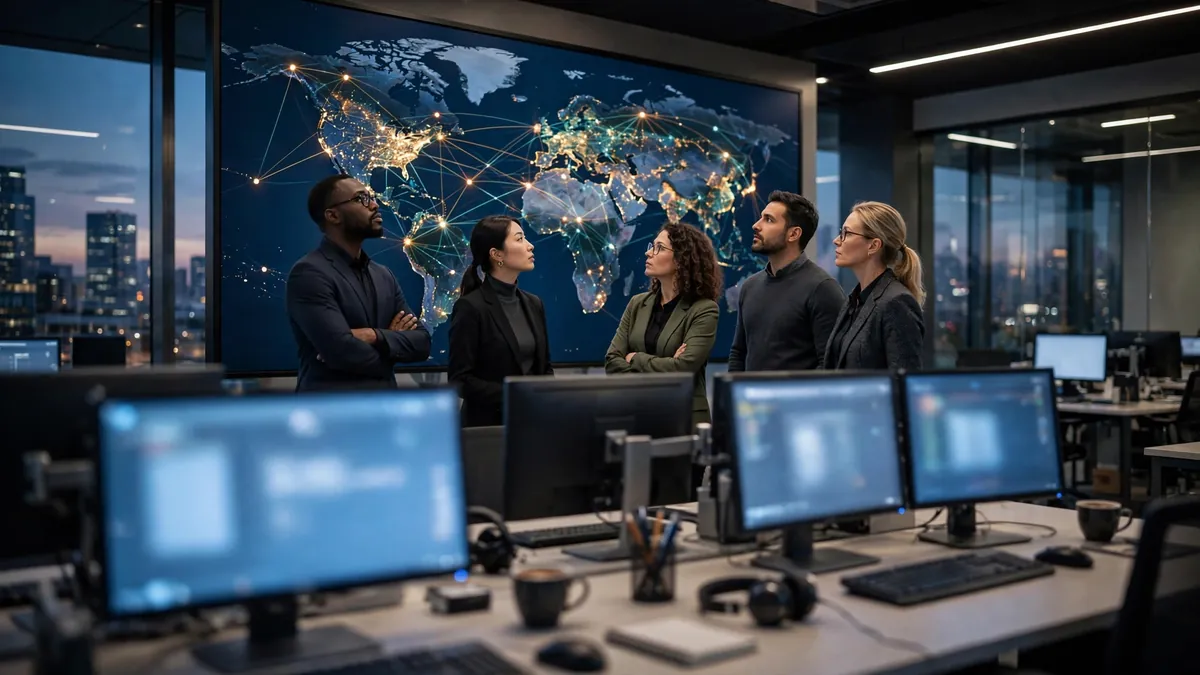 Brokerage team planning global expansion around a world map display