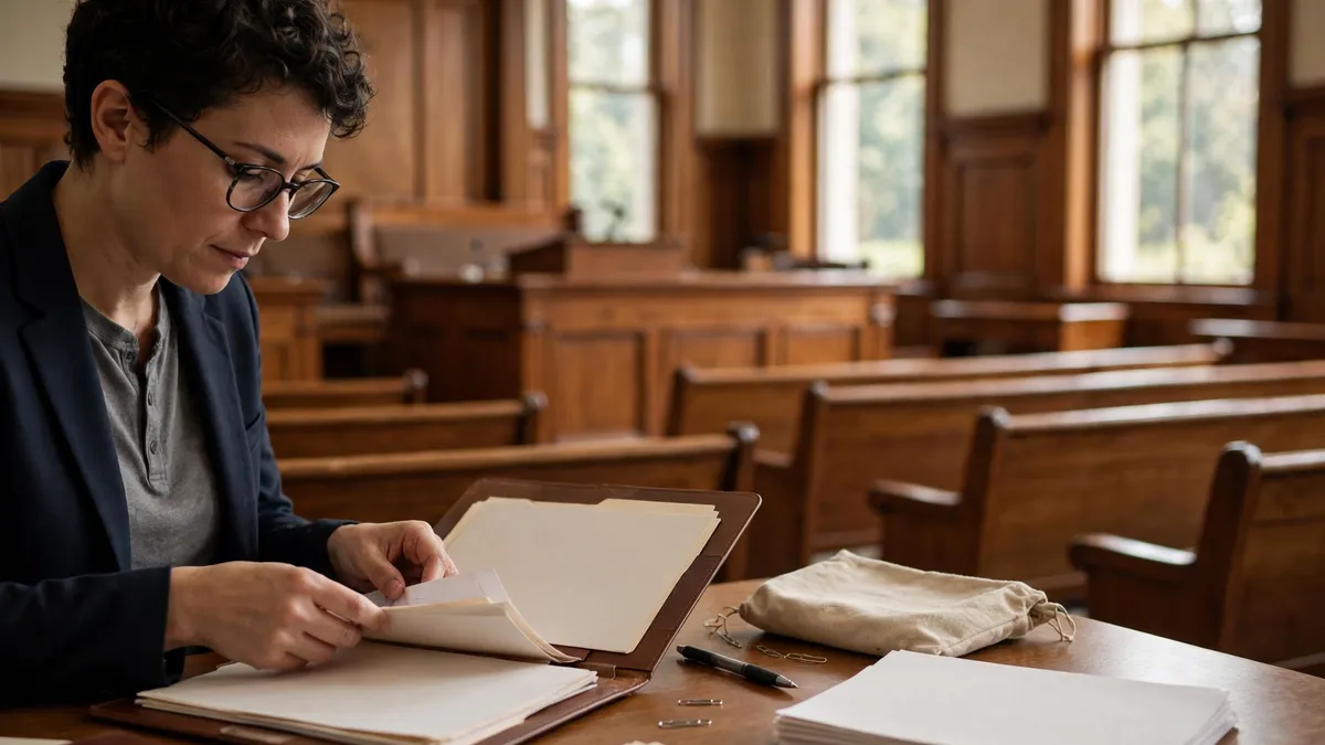 Calm small courtroom interior with wooden benches and a person preparing a document folder, showing how small claims court works