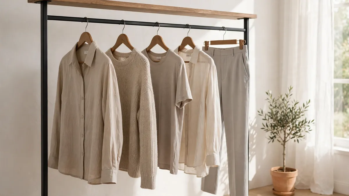 Neat wardrobe rail with coordinated neutral clothes showing how to build a capsule wardrobe for beginners