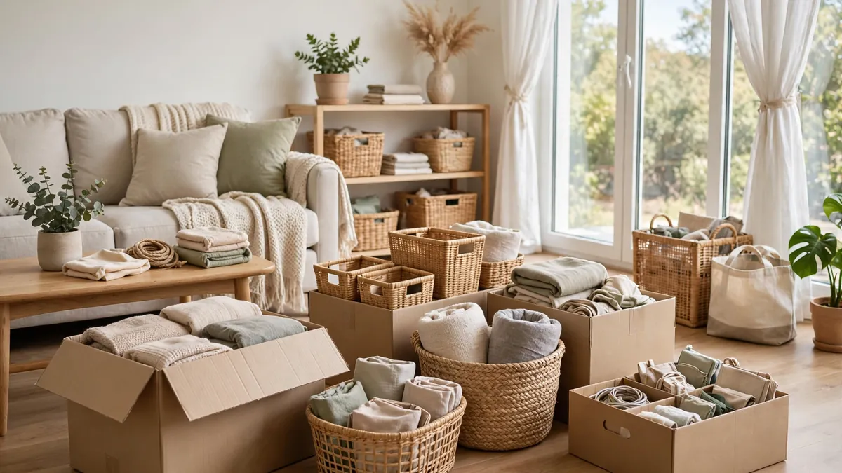 Bright living room with sorting boxes and baskets showing how to declutter your home room by room