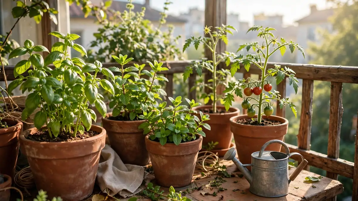 Sunny balcony with terracotta pots of basil, mint and tomatoes showing how to start a kitchen garden for beginners