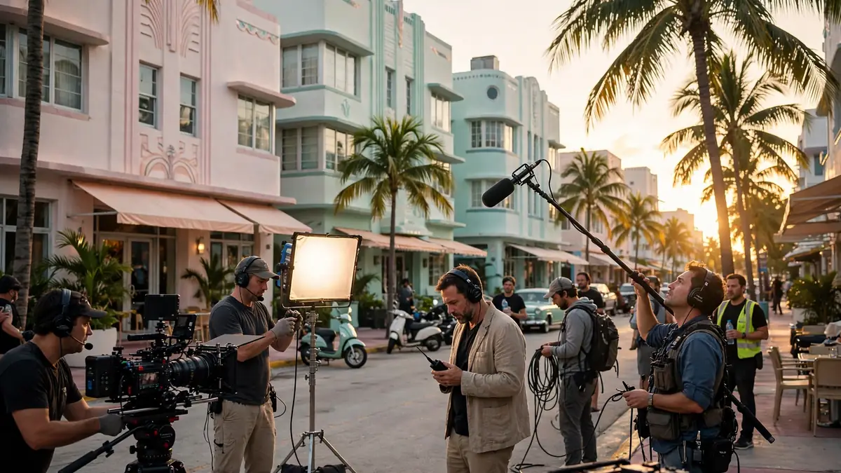 Film crew shooting a scene on a pastel art deco street in Miami at golden hour