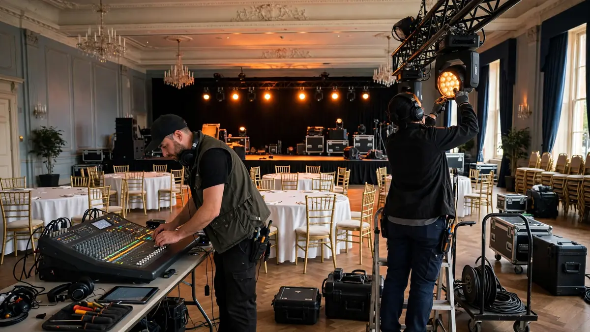 Event production crew testing lighting and sound in a ballroom before guests arrive