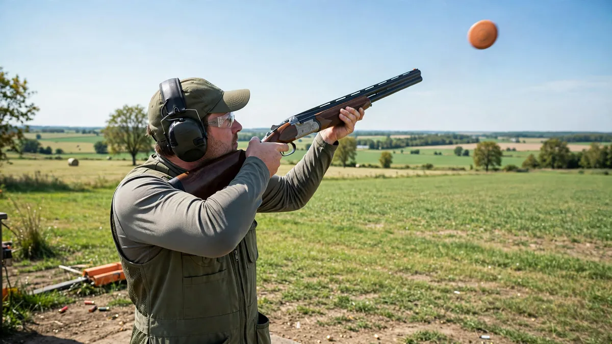 Shooter at a farm sporting clays station with a clay target in the sky, illustrating the L&T Farms sporting clays experience