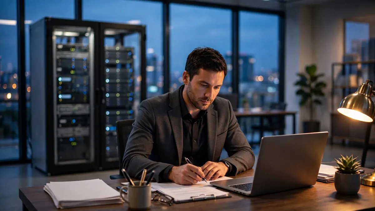 Modern law office with secure technology — legal IT support services protecting client data