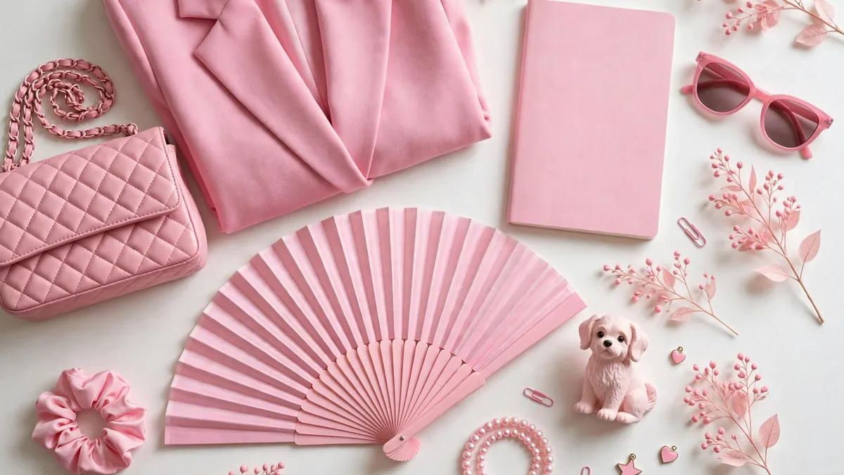 Pink collectibles and accessories arranged on a desk, illustrating a Legally Blonde merchandise shopping guide for fans