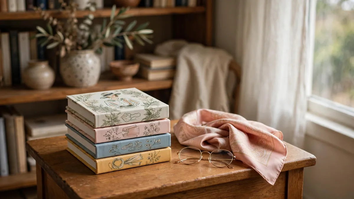A small stack of little books of fashion on a side table with a silk scarf