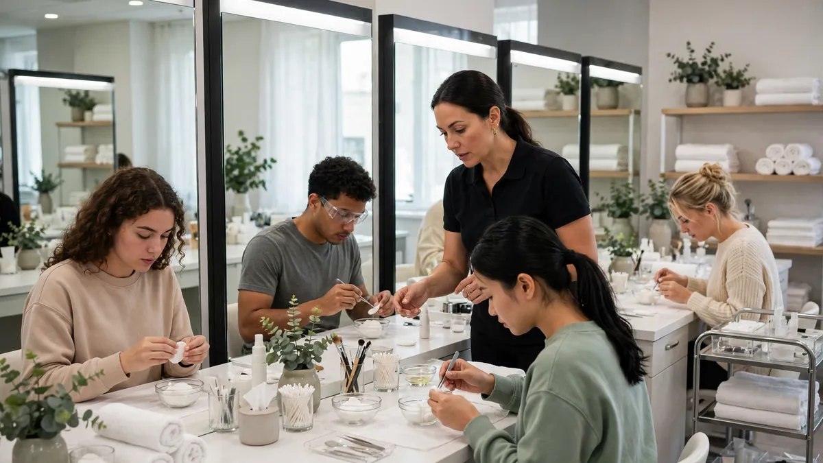 Beauty school students practicing skincare techniques at mirrored training stations with an instructor