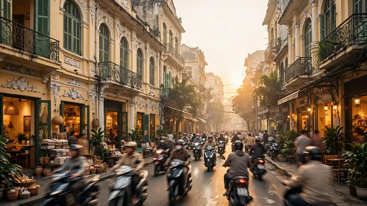 Motorbikes streaming past colonial architecture on a Ho Chi Minh City street at golden hour
