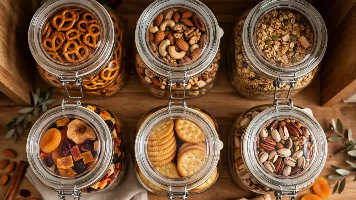 Organized snack station with airtight jars keeping snacks fresh for National Snack Food Month