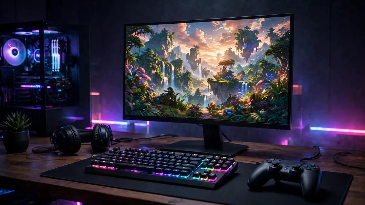Modern gaming setup with glowing monitor showing how video games lead the entertainment industry