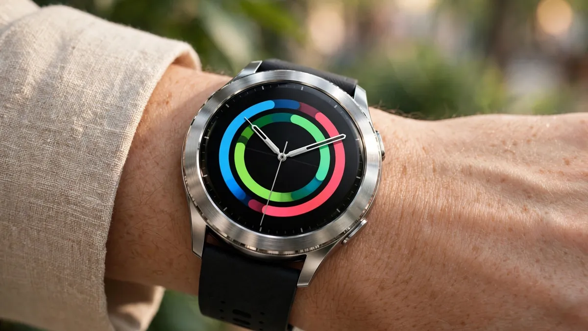 Round-dial Pebble Cosmos Vault style smartwatch with AMOLED display on a wrist