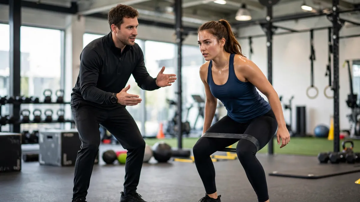 Athlete doing guided performance physical therapy exercises with a trainer in a sports training facility