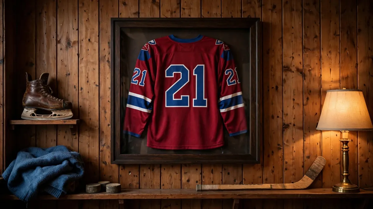 Framed Peter Forsberg number 21 hockey jersey displayed as sports memorabilia