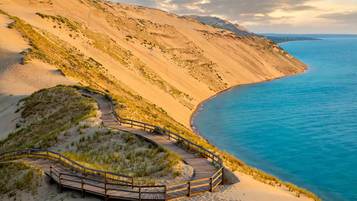 Golden dunes rising above turquoise Lake Michigan in Lower Peninsula Michigan