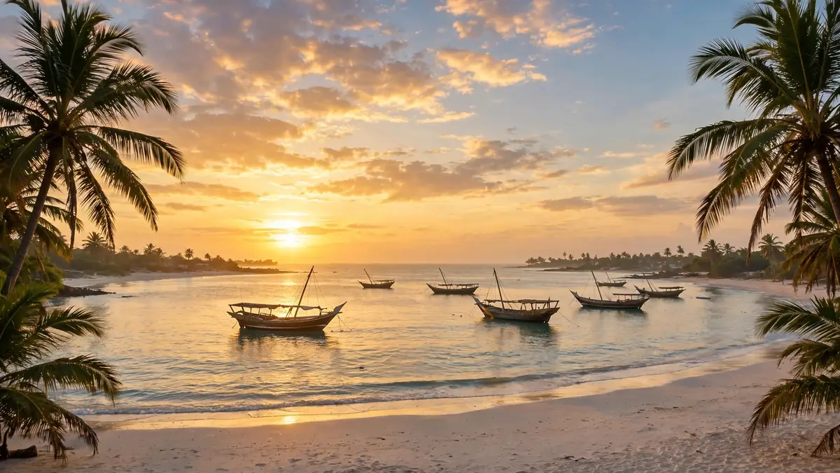 Sunrise over Malindi beach in Kenya with traditional dhows near the shore