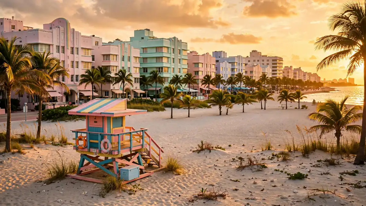 Art Deco hotels and a colorful lifeguard stand on Miami Beach at golden hour