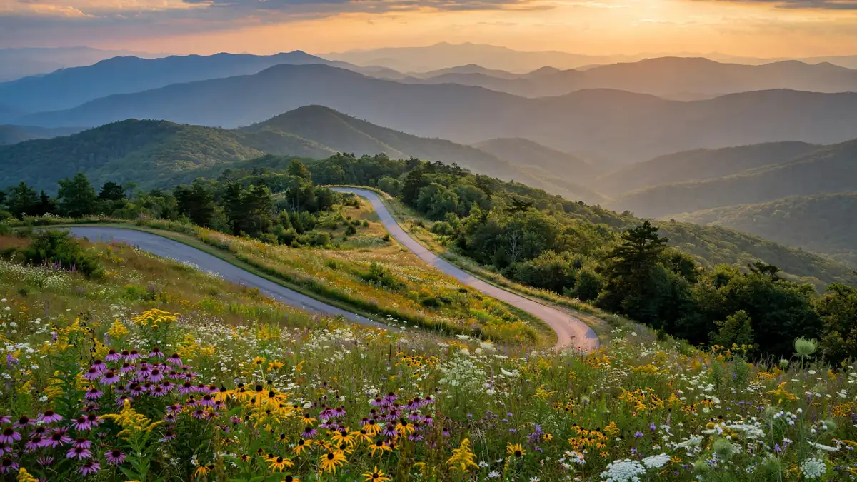 Layered Blue Ridge mountains in North Carolina at sunset in summer