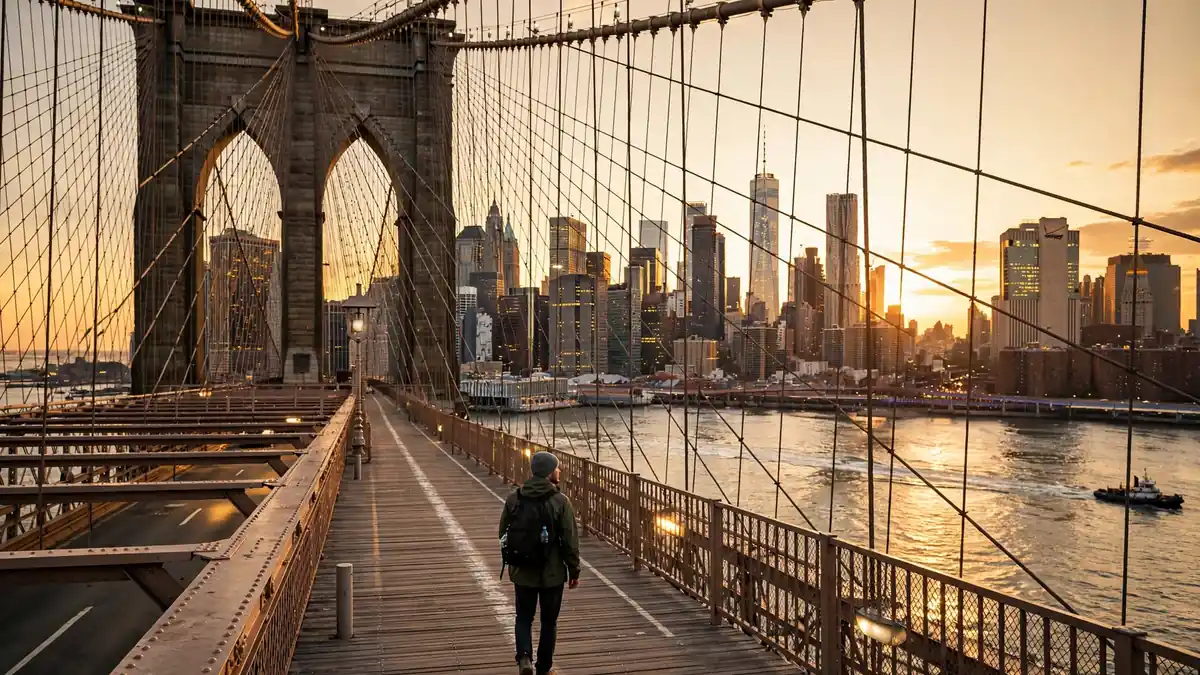 Traveller walking across the Brooklyn Bridge at golden hour with the Manhattan skyline behind