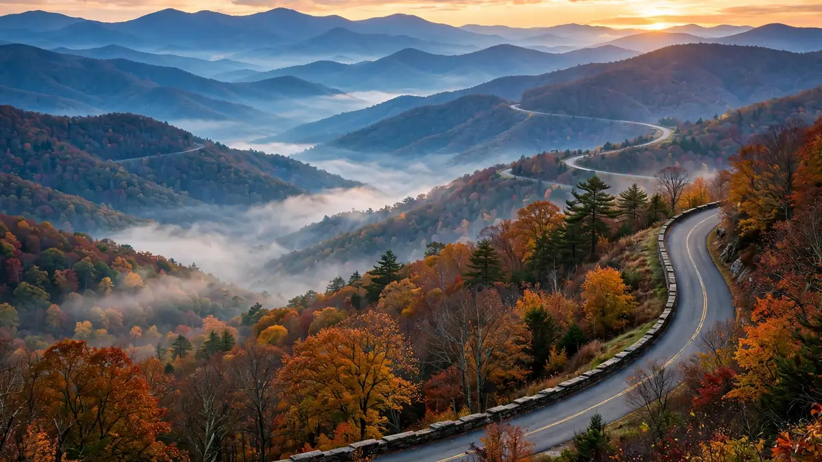 Blue Ridge Parkway winding through layered blue mountains at sunset in North Carolina