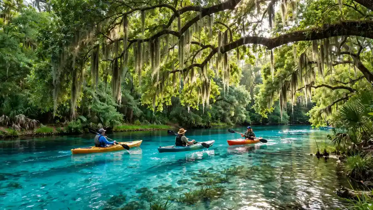 Kayakers on a crystal-clear Florida spring near Orlando surrounded by oak trees and Spanish moss