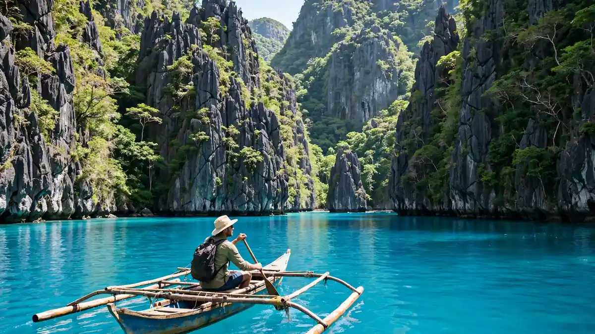 Solo traveller in an outrigger boat entering a turquoise lagoon between limestone cliffs in Palawan