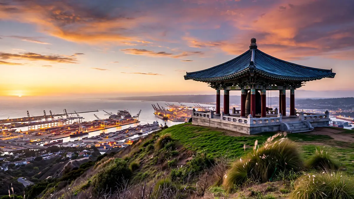 Korean Bell of Friendship above the harbor at sunset in San Pedro, California