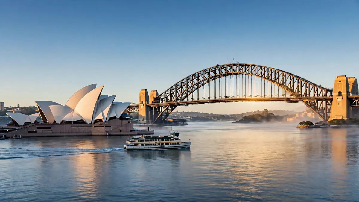 Sydney Opera House and Harbour Bridge in clear winter morning light