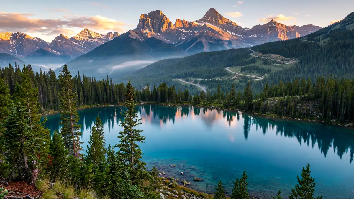 Rocky Mountain peaks above a turquoise alpine lake at sunrise