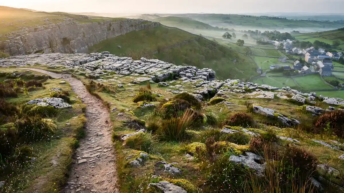 Limestone cliff and green valley with dry stone walls in the Yorkshire Dales
