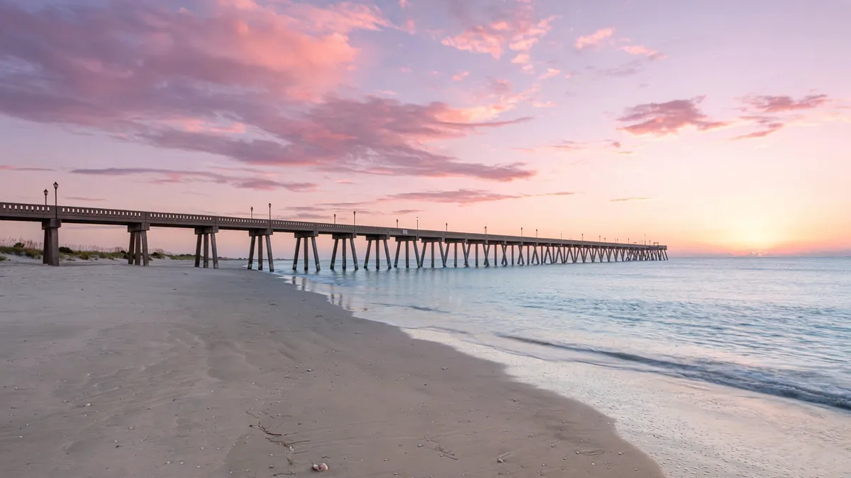Sunrise over the pier and wide sandy shore at Wrightsville Beach North Carolina