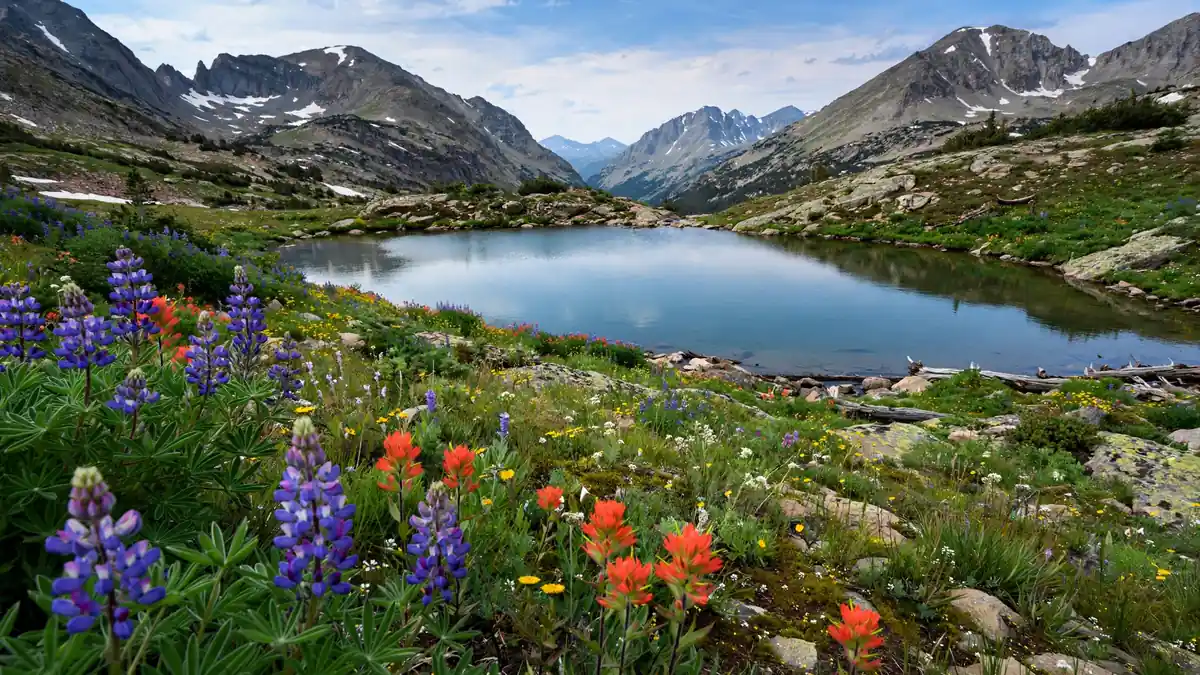 Alpine lake and wildflowers in Rocky Mountain National Park, a top place to visit near Denver in summer