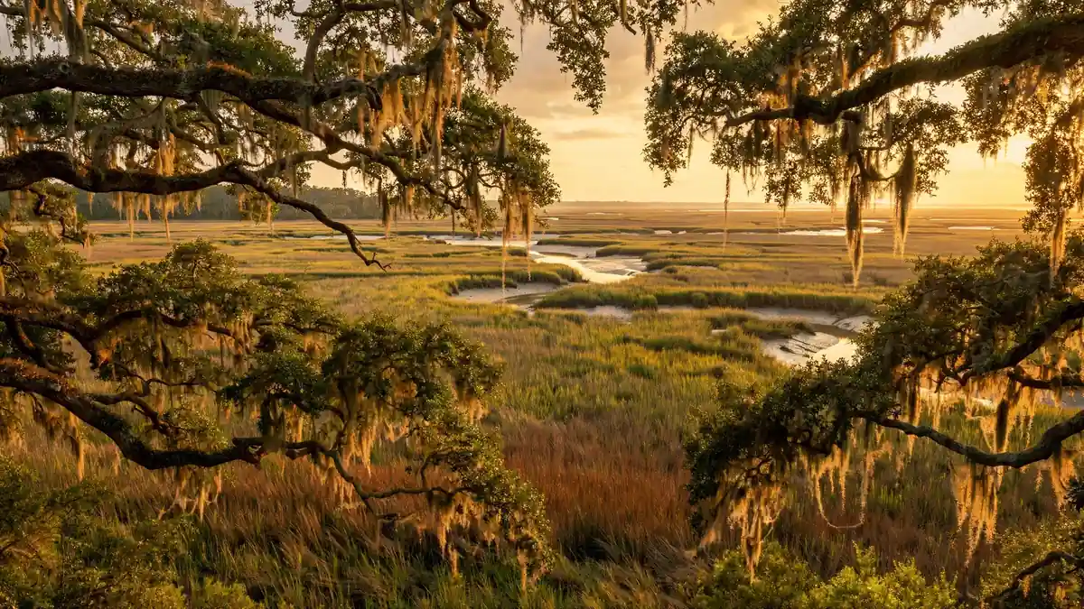 Live oaks and salt marsh near Hilton Head Island at golden hour in the South Carolina Lowcountry