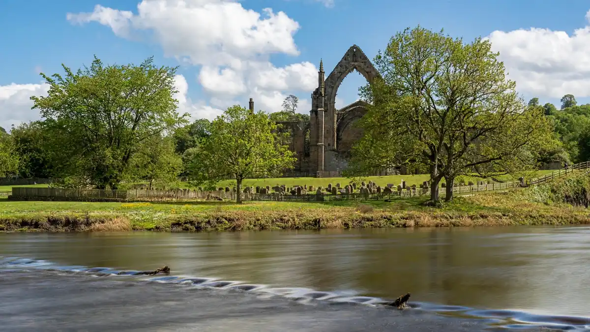 Kirkstall Abbey ruins beside the River Aire, a historic place to visit near Leeds in West Yorkshire