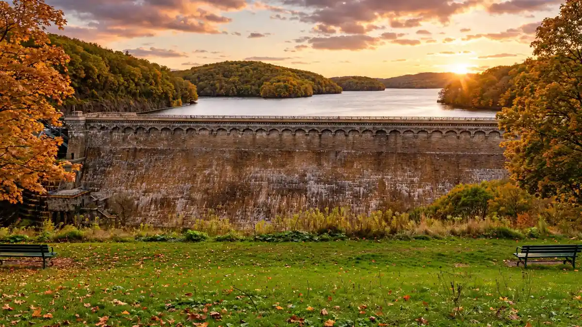 Kensico Dam and green plaza at sunset near White Plains NY in Westchester County