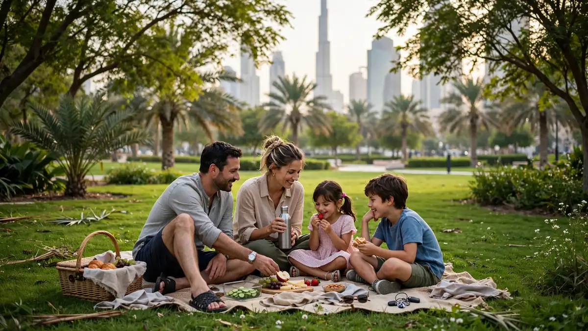 Family picnic on the green lawns of a public park in Dubai with the skyline behind