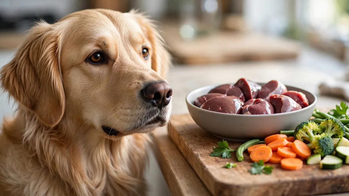 Healthy dog beside a bowl of raw organ meat dog food portions in a bright kitchen