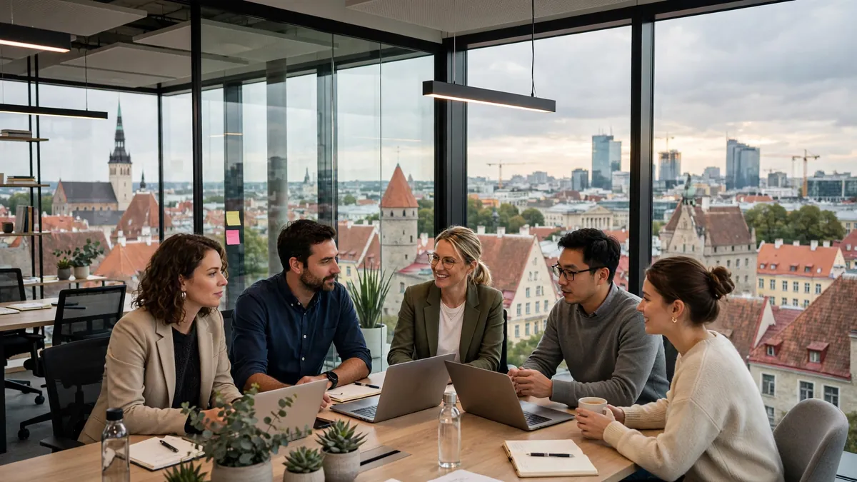 Business services team in a modern Tallinn office, illustrating a digital marketing ROI measurement framework for Estonia