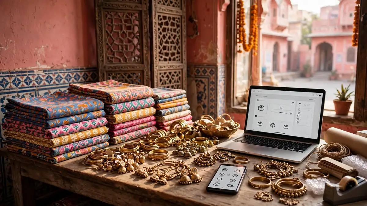 Jaipur seller packing textile and jewellery orders sold through digital marketing